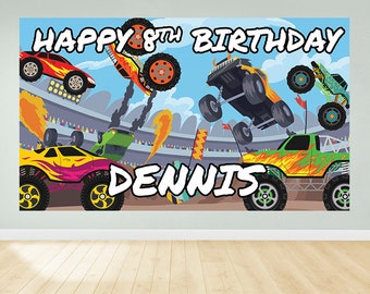 Cumpleaños de Monster Truck, Banner de cumpleaños de Monster Truck, fiesta de Monster Jam, cumpleaños de Hot Wheels, Monster Truck Jam, telón de fondo de Monster Jam