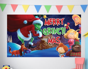 Banner Grinchmas, Banner festivo Grinch, Sfondo Grinch personalizzato, Decorazioni natalizie per bambini, Sfondo natalizio personalizzato