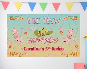Cumpleaños de vaquera, pancarta de cumpleaños de vaquera, fondo de vaquera personalizado, decoración de cumpleaños para niños, fondo de cumpleaños personalizado