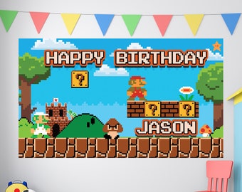 Bannière d'anniversaire Super Mario, bannière d'anniversaire de Mario, anniversaire de Luigi, anniversaire NES, décoration d'anniversaire pour enfants, toile de fond d'anniversaire personnalisée, bannière rétro