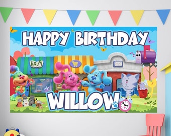 May include: A colorful birthday banner featuring the characters from the children's show Bluey. The banner has a blue background with white clouds and a message that says "Happy Birthday Willow". There are four characters on the banner: Bluey, Bingo, Bandit, and Chilli. The banner is perfect for a Bluey-themed birthday party.