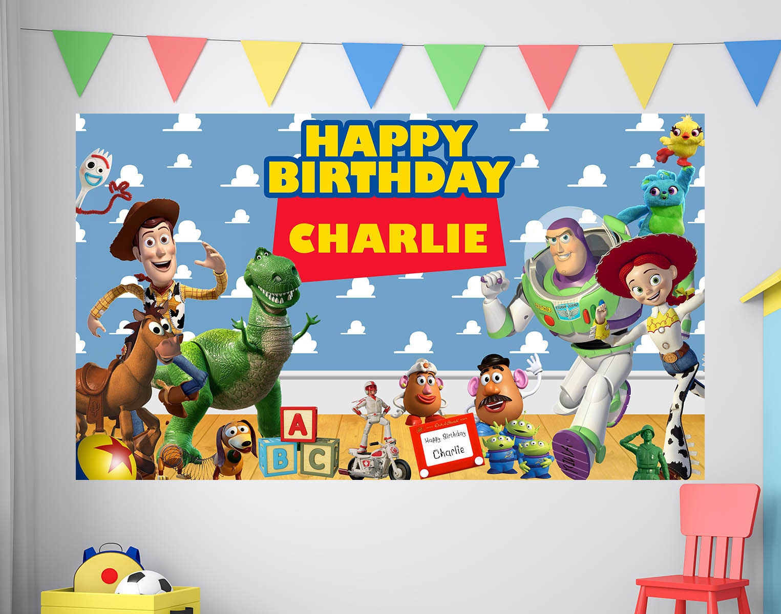 Cumpleaños de Toy Story, estandarte de cumpleaños de Toy Story, telón de  fondo personalizado de Toy Story, decoración de cumpleaños para niños,  telón