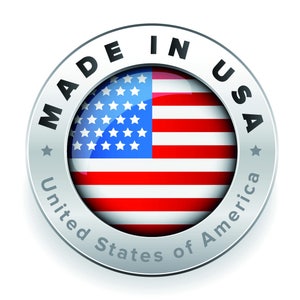 May include: A silver badge with the text "Made in USA" and "United States of America" surrounding a red, white, and blue American flag.