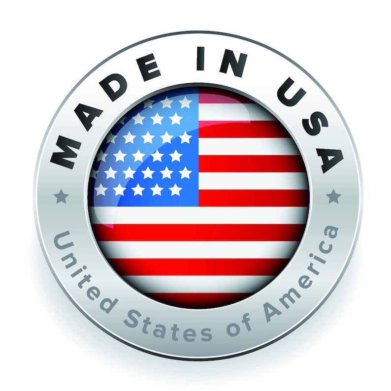 May include: A silver badge with the text "Made in USA" and "United States of America" surrounding a red, white, and blue American flag.
