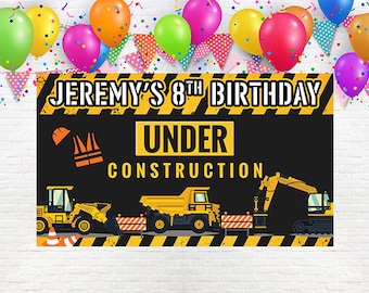 Estandarte de cumpleaños de construcción, fiesta de cumpleaños de construcción, estandarte de cumpleaños para niños, telón de fondo de construcción, estandarte de cumpleaños de construcción personalizado