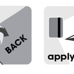 May include: Instructions for applying a sticker. The first image shows a sticker with the word "back" written on it. An arrow points to the back of the sticker. The second image shows a sticker with a star design. The text "apply" is below the sticker.