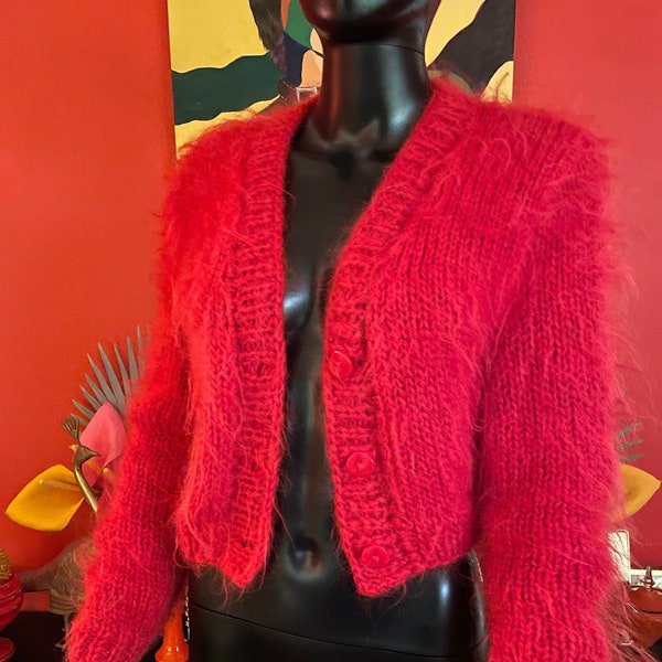 Vintage Handmade 1960’s cherry red mohair knit perfect crop sweater