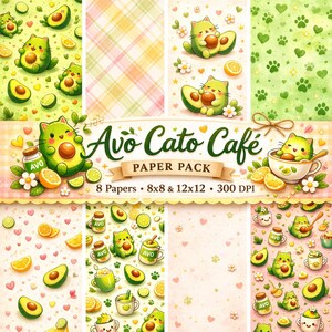 Könnte beinhalten: Ein digitales Papierpaket mit dem Thema "Avo Cato Café", das Avocado-Katzen, Avocados, Zitronen und gemusterte Hintergründe zeigt. Das Paket enthält 8 Papiere mit den Maßen 20,32 cm x 20,32 cm und 30,48 cm x 30,48 cm. Der Text im Bild lautet "Avo Cato Café".