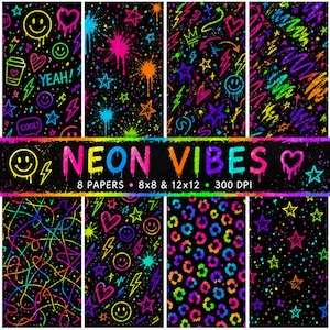 May include: Eight neon-themed papers with a variety of designs, including smiley faces, hearts, stars, and paint splatters in bright neon colours on a black backdrop. The text "NEON VIBES" is displayed. The papers measure 20.32cm x 20.32cm and 30.48cm x 30.48cm.