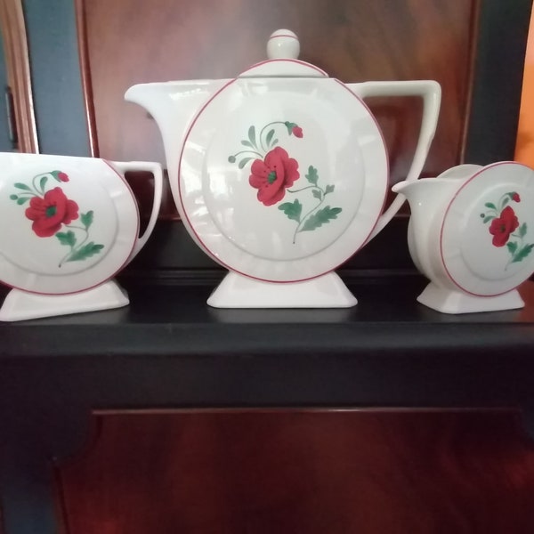 Art Deco Coffee Pot, Sugar Bowl and Floral Creamer in Earthenware Digoin Sarreguemines