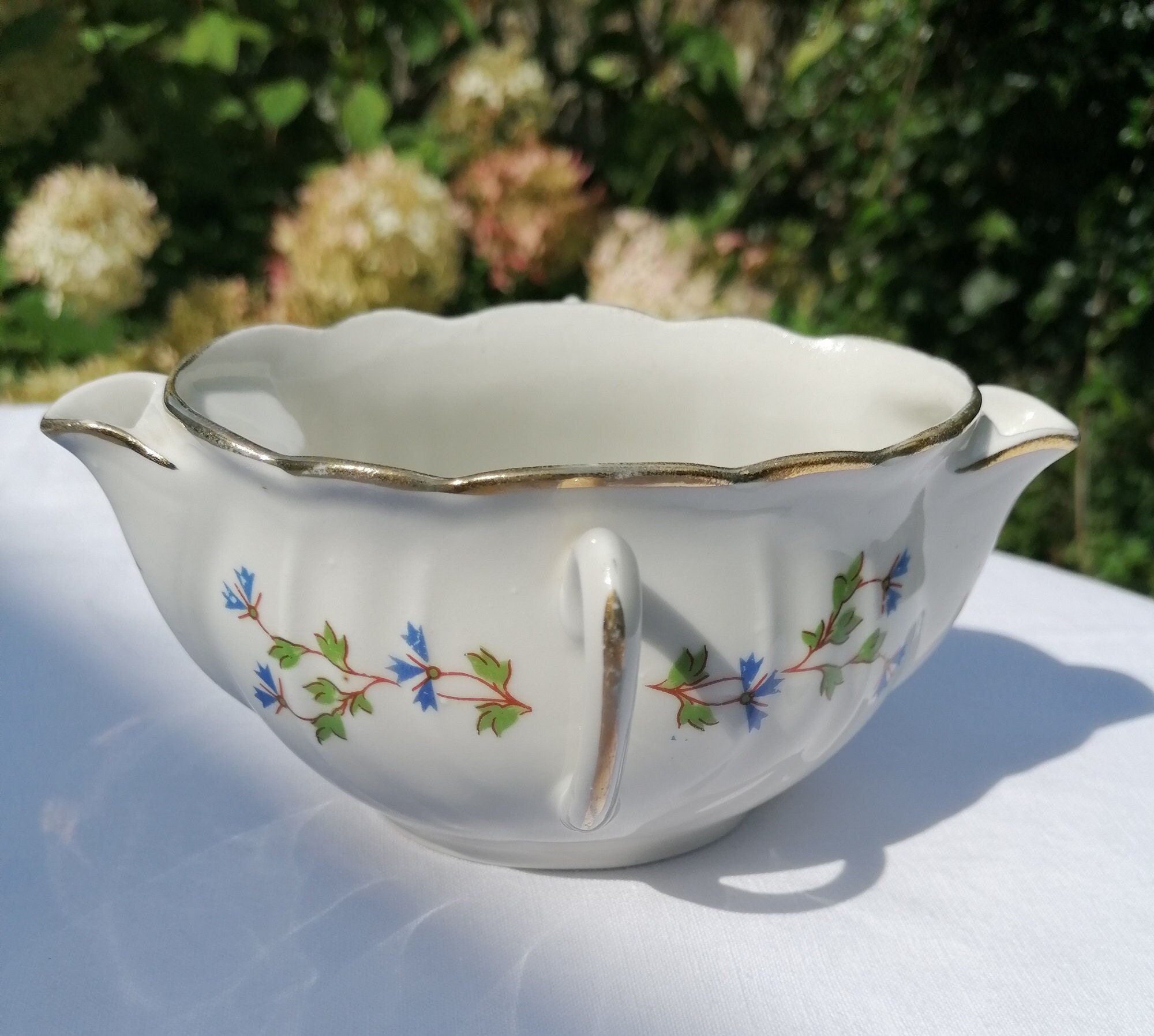 Antique Gravy Boat in White Porcelain, Gold Rim & Blueberry Flower Pattern Old Sauceboat With Letter