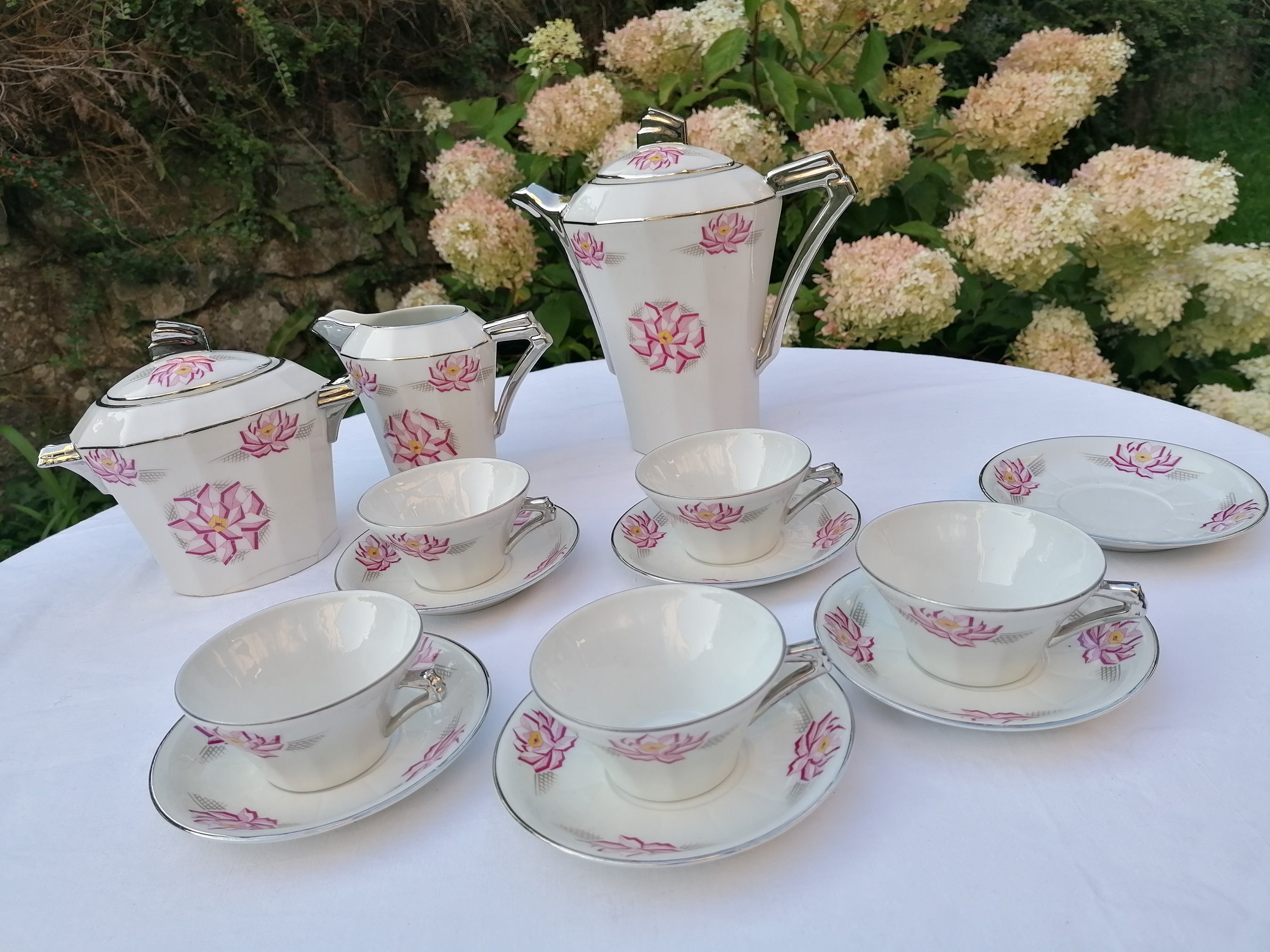 Limoges U.c France - Lotus Flower Pattern White Porcelain Coffee Service -