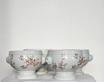 French Vintage White Limoges Soup Bowls Porcelain Floral Lion's Head Bowl Pedestal Bowls