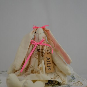 May include: A white fabric bunny with pink ribbon bows and a brown tag that says "Allie" is sitting on a white lace doily.