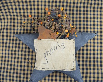 Halloween Decor Black Star Pillow " Ghouls " Rusty Stars And  Pip Berries  A  Rusty Punched Out Ghost In The Pocket Hangs With A Wire Hanger