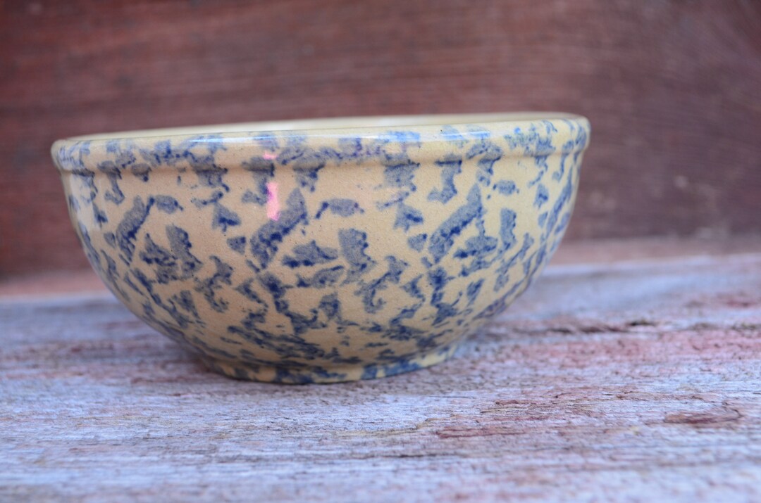 Vintage Roseville Pottery Blue Spongeware Cereal Salad Bowl Etsy