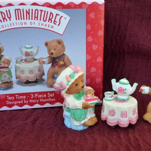 Tea Time Bear Figurines Merry Miniatures Vintage 3 Piece Set Hallmark 1997 Miniature Handcrafted Collectible Bears