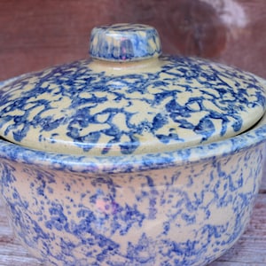 May include: A blue and white ceramic casserole dish with a lid. The dish has a speckled pattern and a rounded shape.