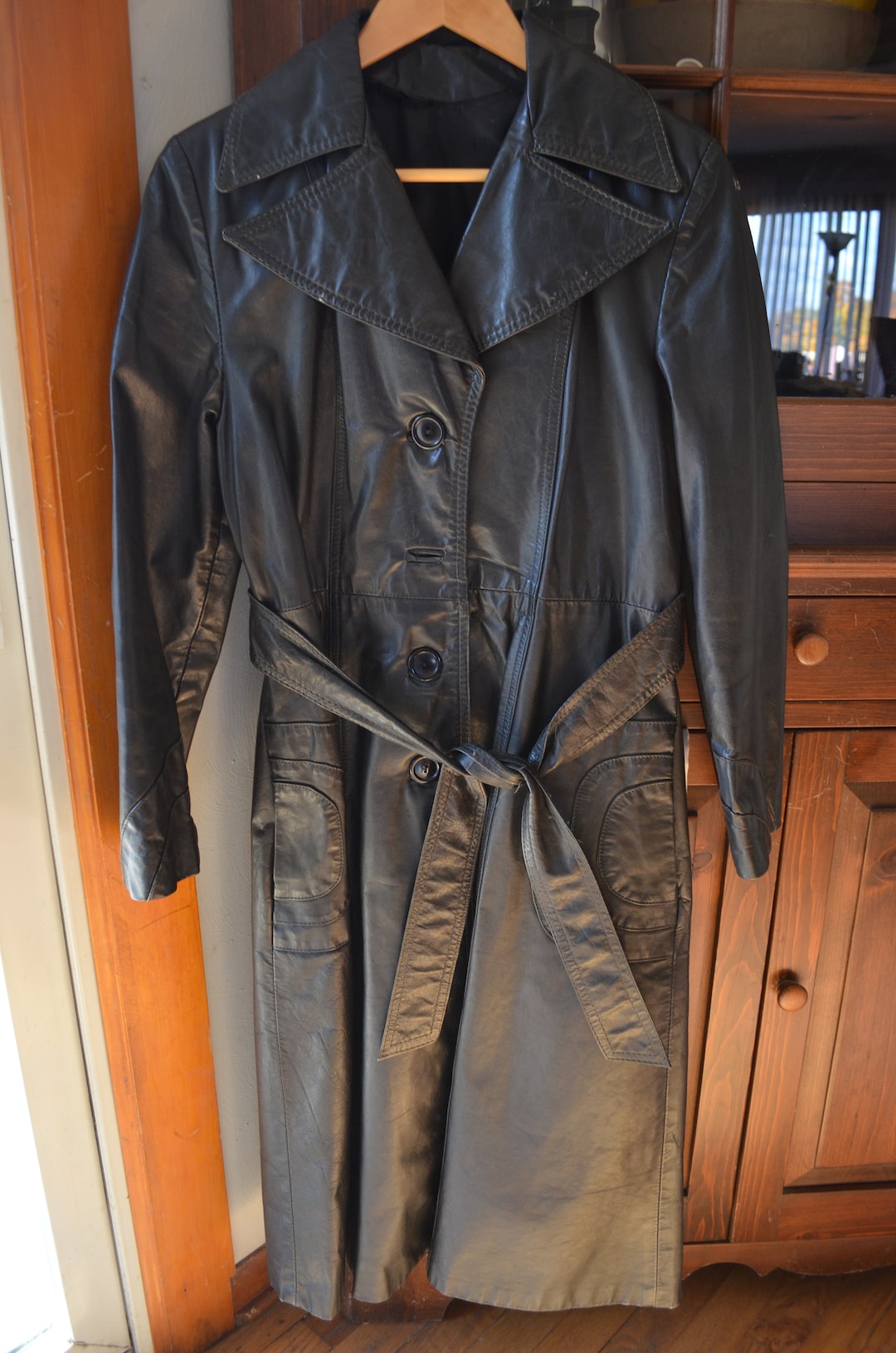Ladies Full Length Leather Coat Black Vintage Long Leather Coat Halloween Costume Movie Prop