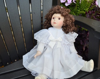 Vintage B. Mullins Porcelain Doll Brown Curly Hair Brown Eyes 1991 Collectible Doll