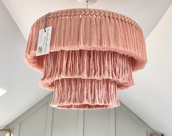 Macrame Chandelier Light Shade Lamp Shade, Blossom Pink, Three Tier Tiered, Bedroom, Nursery, Boho, Fringe, Tassel, Pendant, Ceiling, Braid