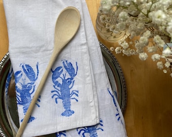 Hand-Stamped Linocut Blue Lobster Print 100% Cotton Tea Towel