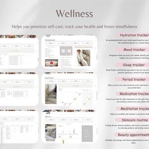 May include: A screenshot of a website with the word "Wellness" at the top. The website is divided into sections, each with a different tracker or tool for self-care, such as a hydration tracker, mood tracker, sleep tracker, period tracker, medication tracker, meditation tracker, skincare routine, and beauty appointments.