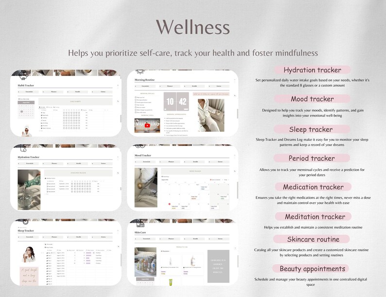 May include: A screenshot of a website with the word "Wellness" at the top. The website is divided into sections, each with a different tracker or tool for self-care, such as a hydration tracker, mood tracker, sleep tracker, period tracker, medication tracker, meditation tracker, skincare routine, and beauty appointments.