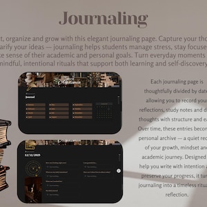 May include: An image featuring a digital journaling interface with a dark theme. The text "Journaling" is at the top. The interface displays a calendar and prompts for daily reflections. A stack of illustrated books is on the left.