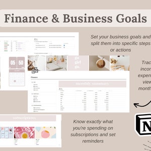 Pu&ograve; includere: Un pianificatore digitale intitolato "Finance & Business Goals" presenta schermate di un tracker degli obiettivi aziendali, un calendario e un riepilogo finanziario mensile. L'immagine include il testo "Imposta i tuoi obiettivi aziendali e suddividili in passaggi o azioni specifici."
