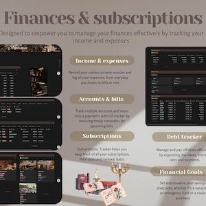 May include: A digital finance management system with the text "Finances & subscriptions." The interface displays income, expenses, accounts, bills, subscriptions, debt tracking, and financial goals. The design includes a dark theme with data tables and illustrations.