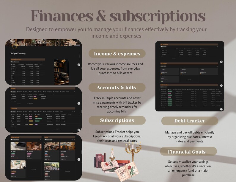 May include: A digital finance management system with the text "Finances & subscriptions." The interface displays income, expenses, accounts, bills, subscriptions, debt tracking, and financial goals. The design includes a dark theme with data tables and illustrations.