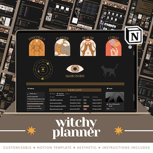 2025 Notion Template Witchy Planner, Ultimate Life Planner, Aesthetic Second Brain Dark, Tarot Journal, Boho Modern Soft Witch Planner