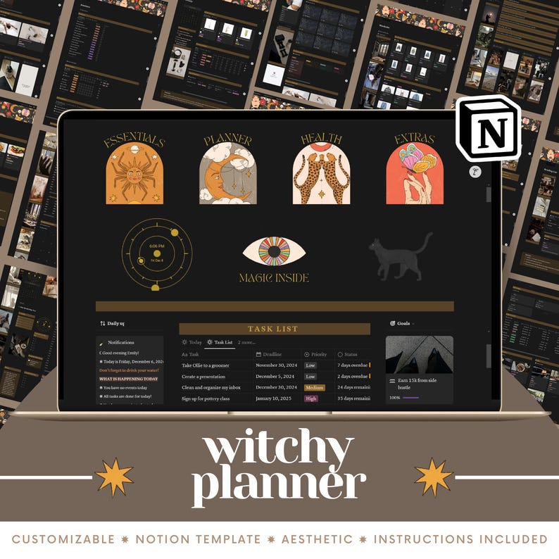 Op de afbeelding: Een laptopscherm dat een Notion-werkruimte weergeeft met een donkere achtergrond en kleurrijke pictogrammen. De werkruimte heeft de titel "Witchy Planner" en bevat secties voor essentials, planner, gezondheid, extras en een takenlijst. De werkruimte is aanpasbaar en bevat instructies.