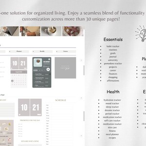 May include: A digital planner with a gray and white color scheme. The planner includes sections for daily, monthly, and yearly planning, as well as sections for health, essentials, and extras. The planner also includes a schedule section and a to-do list.