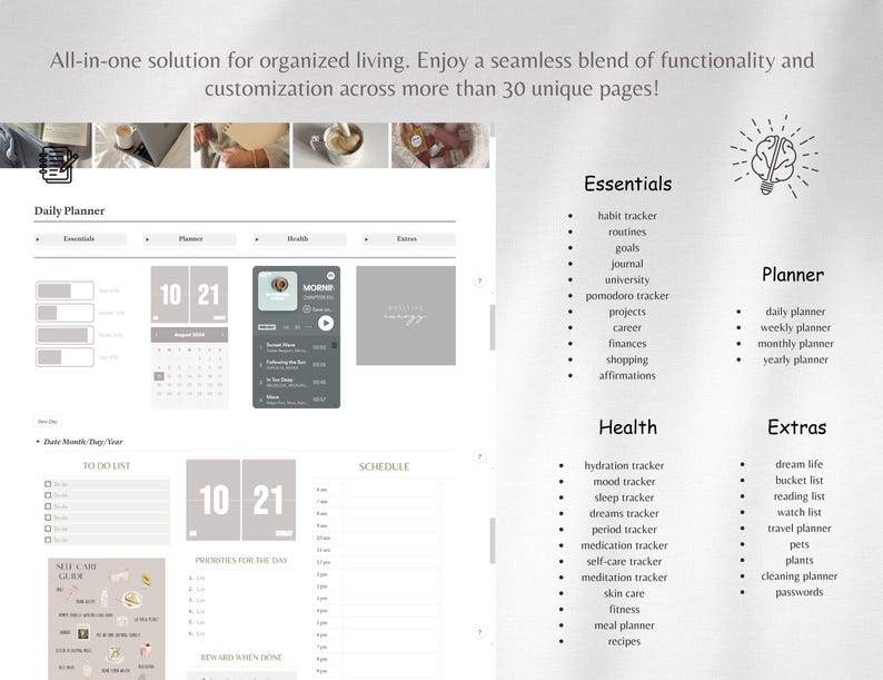 May include: A digital planner with a gray and white color scheme. The planner includes sections for daily, monthly, and yearly planning, as well as sections for health, essentials, and extras. The planner also includes a schedule section and a to-do list.