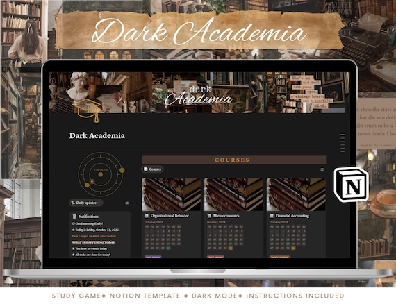 Dark Academia Notion Student Template Planner, Student Dashboard, Aesthetic University College Planner