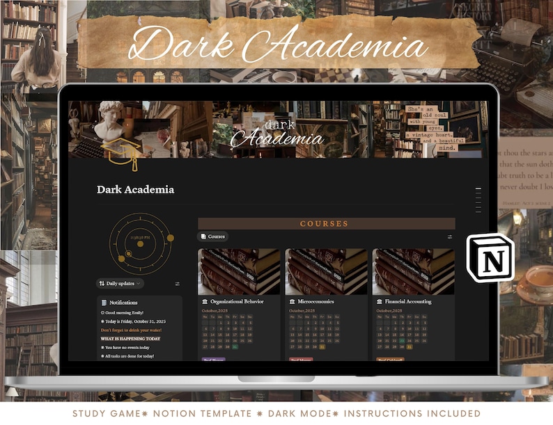 May include: A laptop screen displays a "Dark Academia" Notion template. The dark theme features course listings, a calendar, and daily updates. The background includes a library and vintage elements. Text on the screen reads "Dark Academia".