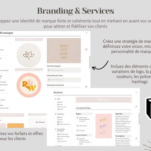 May include: A branding and services guide with a pink and white colour scheme. The guide includes sections for brand identity, services, and a strategy for creating a brand. The guide also includes a logo design section with different variations of a logo.