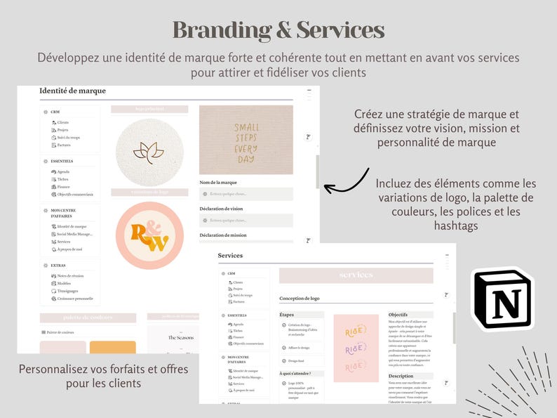 May include: A branding and services guide with a pink and white colour scheme. The guide includes sections for brand identity, services, and a strategy for creating a brand. The guide also includes a logo design section with different variations of a logo.
