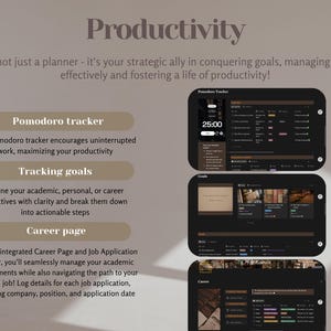 May include: A digital productivity planner with a dark theme, showcasing features like a Pomodoro tracker, goal tracking, and a career page. The image includes the text "Productivity" and "Pomodoro tracker". A white "N" logo is in the upper right corner.
