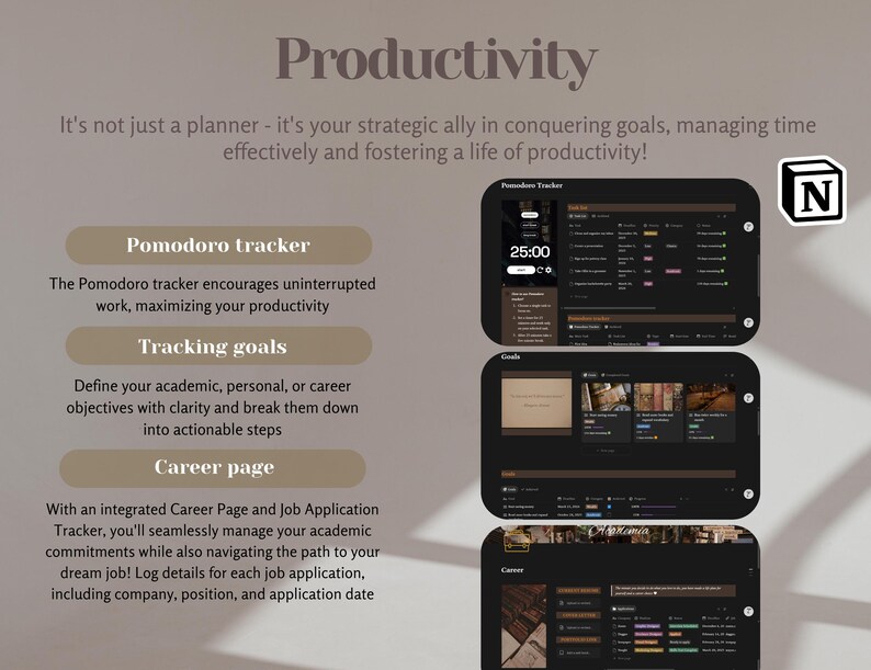 May include: A digital productivity planner with a dark theme, showcasing features like a Pomodoro tracker, goal tracking, and a career page. The image includes the text "Productivity" and "Pomodoro tracker". A white "N" logo is in the upper right corner.