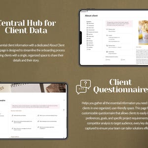 May include: Two screenshots of a tablet screen showing a digital client onboarding process. The first screen is titled "About Client" and the second screen is titled "Client Questionnaire". Both screens feature a checklist and a questionnaire to gather client information.