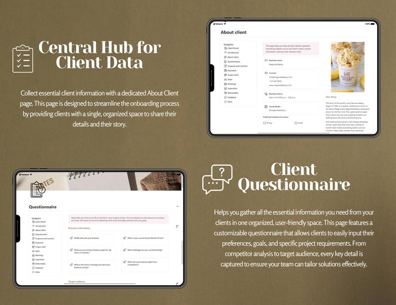 May include: Two screenshots of a tablet screen showing a digital client onboarding process. The first screen is titled "About Client" and the second screen is titled "Client Questionnaire". Both screens feature a checklist and a questionnaire to gather client information.