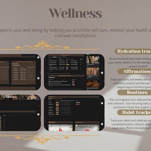 May include: A digital wellness planner with a brown and black color scheme. The image displays four digital screens with habit trackers, routine planners, and affirmation tools. Text includes "Wellness", "Hydration tracker", "Affirmations", "Routines", and "Habit tracker".
