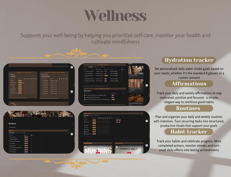 May include: A digital wellness planner with a brown and black color scheme. The image displays four digital screens with habit trackers, routine planners, and affirmation tools. Text includes "Wellness", "Hydration tracker", "Affirmations", "Routines", and "Habit tracker".