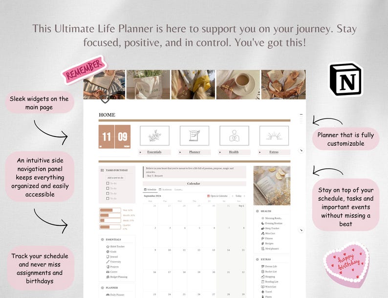Top menu bar with clock and 4 different planner sections. Side navigation with listed pages and calendar in the middle that helps you track schedule