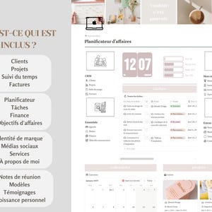 May include: A screenshot of a website with the text "What's included?" and a list of features, including CRM, planning, finance, and social media. The website is designed in a minimalist style with a light grey background and black text.