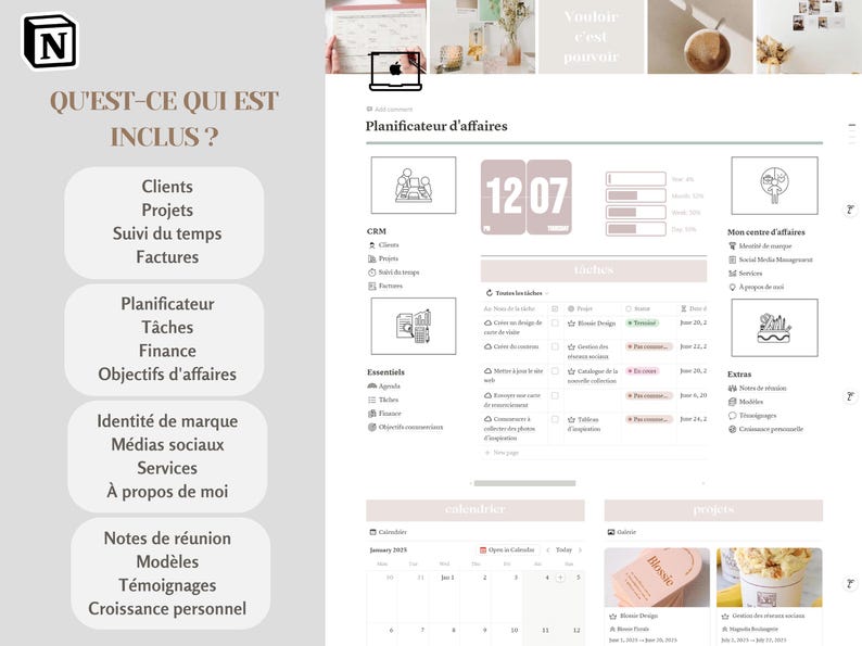May include: A screenshot of a website with the text "What's included?" and a list of features, including CRM, planning, finance, and social media. The website is designed in a minimalist style with a light grey background and black text.