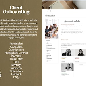 May include: A website screenshot showing a client onboarding process with a list of features including introduction, about client, questionnaire, proposal and contract, payments, project brief, tasks, meetings, inspiration, deliverables, feedback, and FAQs. The website is for Lemon Melon Studio.
